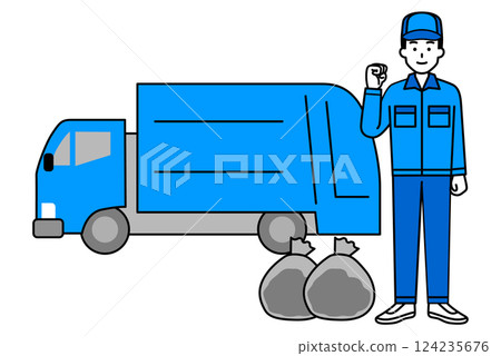 一名男工人與垃圾車合影 124235676
