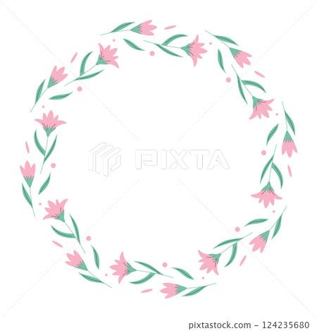 Spring wreath with pink flowers. Decorative element for cards, invitations, sale, scrapbooking. Vector illustration. Spring wreath with pink flowers. Decorative element for cards, invitations, sale, scrapbooking. Vector illustration. 124235680