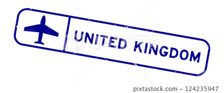 Grunge blue united kingdom word with plane icon square rubber seal stamp on white background 124235947