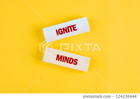 Concept of igniting minds through education and business principles is displayed through block letters on a vibrant background Concept of igniting minds through education and business principles is displayed through block letters on a vibrant background 124236444