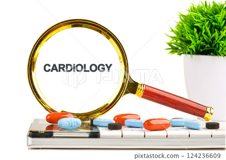 A magnifying glass focuses on cardiology among educational materials and medication, highlighting study and practice 124236609