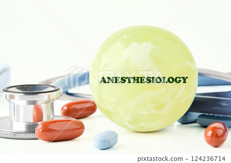An anesthesiology concept is illustrated with clear medical instruments and medications 124236714