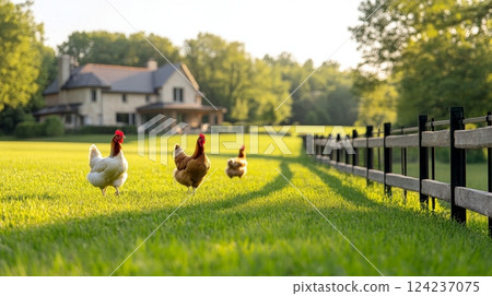 Oversized hens roam freely in a vibrant yard beside a stylish house in the countryside 124237075