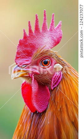 Rooster displays its vibrant feathers, sharp beak, and intense gaze in a rural backyard 124237077