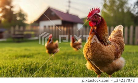 Large chickens roam freely in a landscaped front yard of a modern French villa during golden hour 124237078