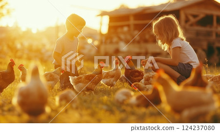 Children happily feed and interact with their backyard chickens in warm golden light 124237080