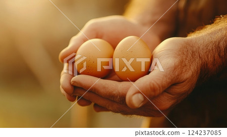 Farmer cradles two freshly laid hen eggs in one hand, showcasing the beauty of simple farming life 124237085