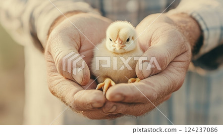 Gentle hands hold a fluffy chick while surrounded by a tranquil backyard chicken coop setting 124237086