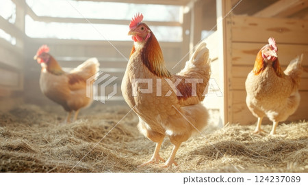 Chickens explore their nesting boxes and roosts in a well-lit wooden coop during a sunny day 124237089