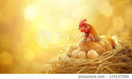 Hen rests in straw nest, covering two eggs with protective warmth in a softly lit barn environment 124237090