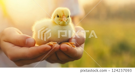 A farmer gently holds a fluffy baby chick while surrounded by a beautiful blurred rural landscape 124237093