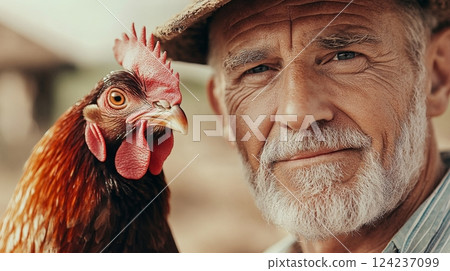 Farm owner showcases his healthy hen against a warm rural backdrop filled with natural light 124237099