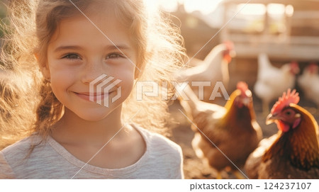 Girl feeds her pet chickens while enjoying a sunny afternoon in a backyard setting 124237107