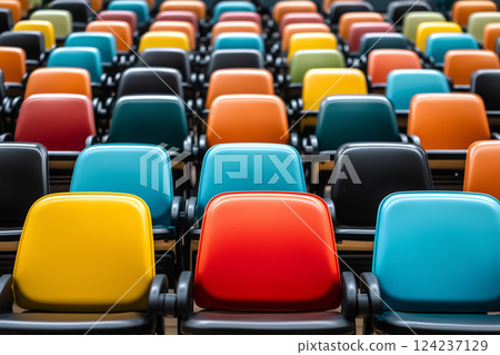 Vintage Classroom with Colorful Wooden Chairs in Perfectly Aligned Arrangement for Learning Environments Vintage Classroom with Colorful Wooden Chairs in Perfectly Aligned Arrangement for Learning Environments 124237129