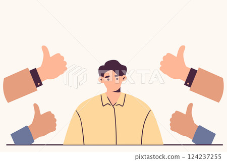 Young guy with positive gestures hands with thumbs up. Public approval concept 124237255