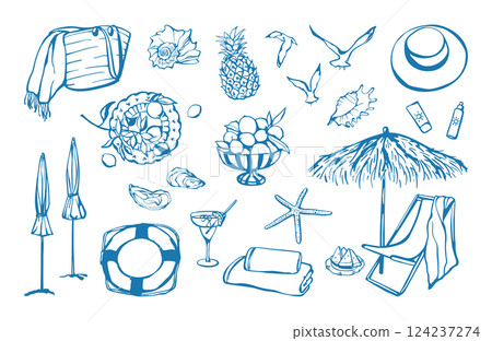 Beach theme hand drawn set Beach theme hand drawn set 124237274