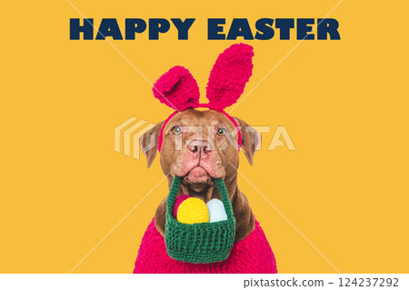 Happy Easter. Cute dog and congratulatory inscription Happy Easter. Cute dog and congratulatory inscription 124237292