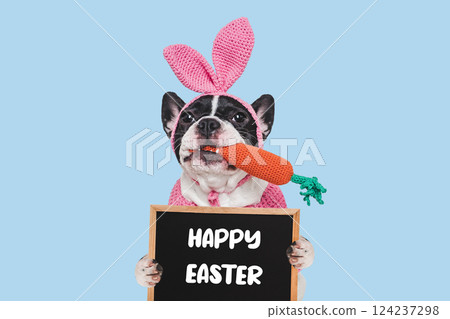 Happy Easter. Cute puppy and congratulatory inscription 124237298