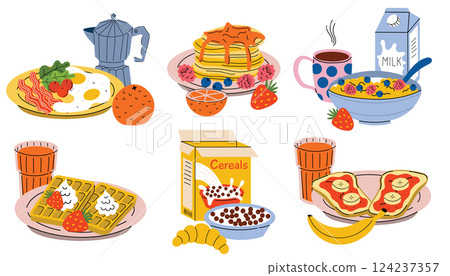 Breakfast food on plate set. Cartoon morning dish menu collection for cafe, home or hotel. Breakfast food on plate set. Cartoon morning dish menu collection for cafe, home or hotel. 124237357