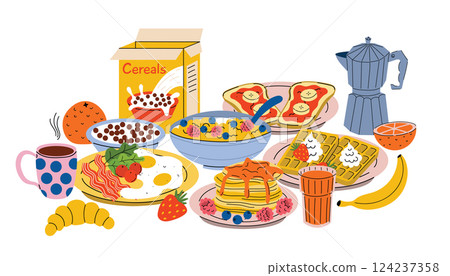 Breakfast food for family. Cartoon morning dish menu collection for cafe, home or hotel. Breakfast food for family. Cartoon morning dish menu collection for cafe, home or hotel. 124237358