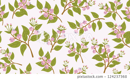 Beautiful cherry blossom branches seamless pattern. Spring background with branches and flowers. 124237368