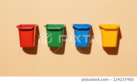 Four colorful recycling bins on a beige wall for waste sorting, promoting sustainability, zero waste practices, eco-friendly solutions, and environmental awareness 124237400
