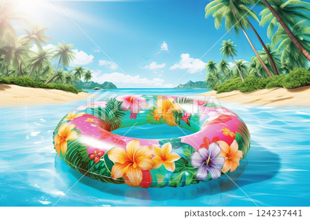 Inflatable ring floating on water in swimming pool Inflatable ring floating on water in swimming pool 124237441
