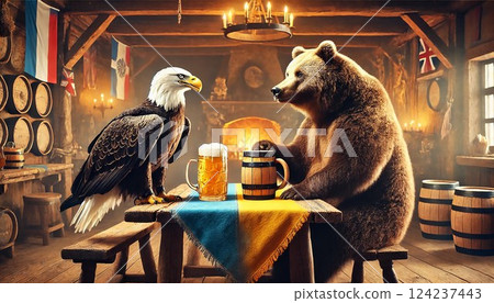An eagle and bear are having dinner and discussing world problems. There is yellow-blue tablecloth on the table. Generative AI Fantasies. Conceptual illustration. 124237443