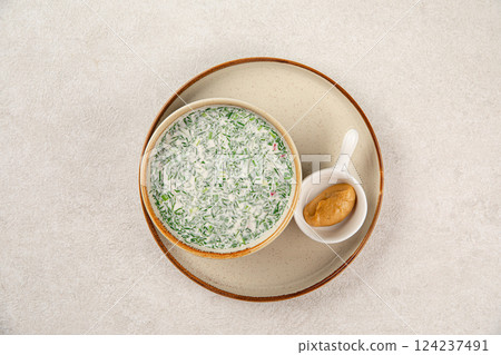 Portion of russian cold soup okroshka Portion of russian cold soup okroshka 124237491