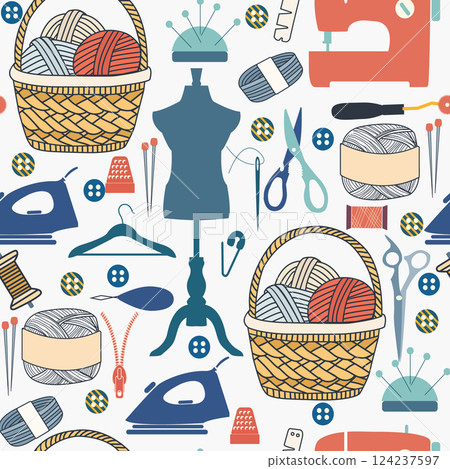 Hand drawn Various sewing tools seamless pattern. 124237597