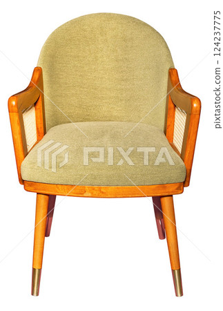 Unique mid-century modern chair showcasing elegant design and thoughtful craftsmanship. Isolated on white background. 124237775