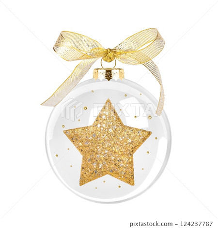 Christmas transparent glass ball with star isolated on white background Christmas transparent glass ball with star isolated on white background 124237787
