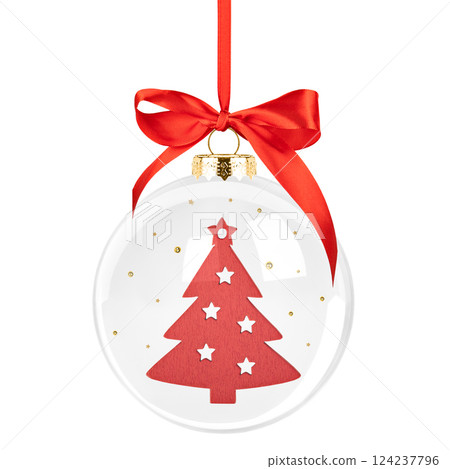 Christmas transparent glass ball with golden fir tree isolated on white background 124237796