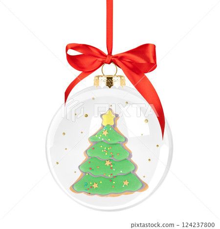 Christmas transparent glass ball with golden fir tree isolated on white background 124237800