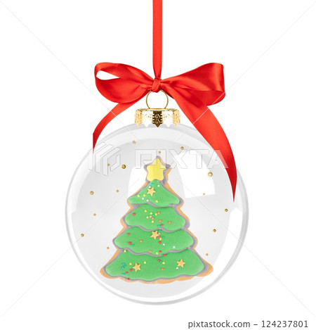 Christmas transparent glass ball with golden fir tree isolated on white background 124237801