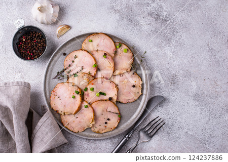 Sliced chicken sausage with herbs 124237886