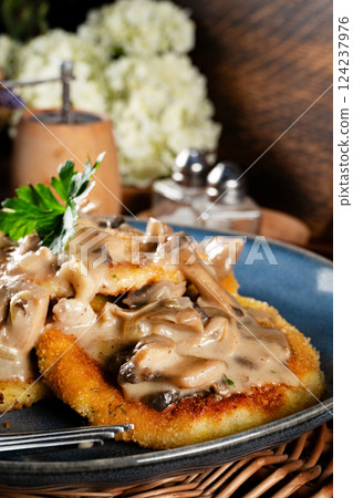 Potato cutlets with mushroom sauce. Potato cutlets with mushroom sauce. 124237976