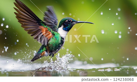 Rare Hummingbird Swoops Over River Nature Closeup Vibrant Environment Action Shot 124238068