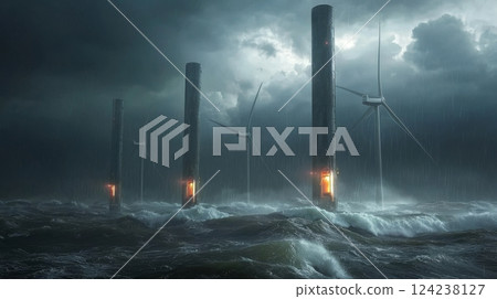 Stormy Skies Over Wind Turbines Ocean Digital Art Dramatic Aesthetic 124238127