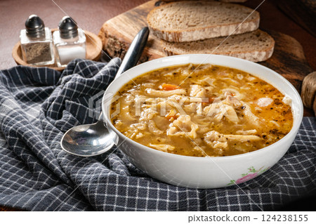 Tripe soup made of beef and vegetables. 124238155