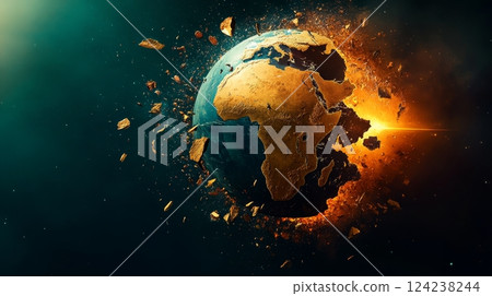 Shattered Globe Depicting Global Crises Digital Art Abstract Dark Environment Concept of Fragility 124238244