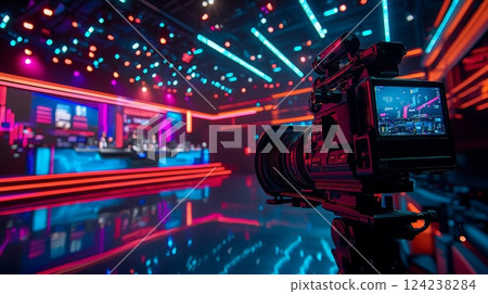 Dynamic Television Production with Sleek Black Camera in Modern Studio Dynamic Television Production with Sleek Black Camera in Modern Studio 124238284