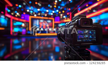 Modern Television Studio Setup Dynamic Camera Focus & Colorful Lights Modern Television Studio Setup Dynamic Camera Focus & Colorful Lights 124238285