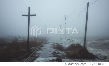 Misty coastal scene with broken wooden poles and a damaged power line standing in rough ocean waves. Misty coastal scene with broken wooden poles and a damaged power line standing in rough ocean waves. 124238318