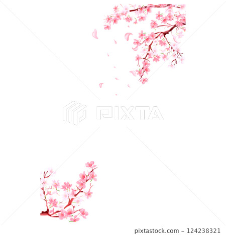 Sakura on white background. Digital cherry tree. Cherry blossom flower blooming. Pink sakura flower background. Beautiful sakura flower petals flying on white background. Flowers for wedding. 124238321