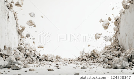 Broken concrete wall with scattered rubble and exposed rebar, symbolizing destruction 124238347