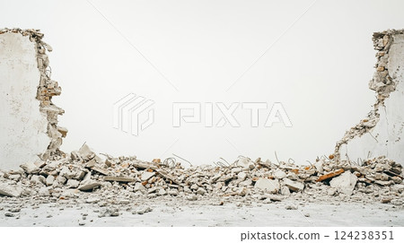 Broken concrete wall with scattered rubble and exposed rebar, symbolizing destruction 124238351