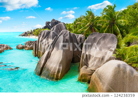 Anse Source D'Argent - the most beautiful beach of Seychelles. La Digue Island, Seychelles Anse Source D'Argent - the most beautiful beach of Seychelles. La Digue Island, Seychelles 124238359