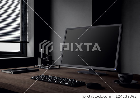 Desktop computer with standing on the wooden table in the minimal style black room 3d render 124238362
