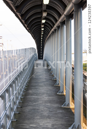Roof and Electric poles on Pedestrian pathway or corridor or hallway between train station and other building. 124238397